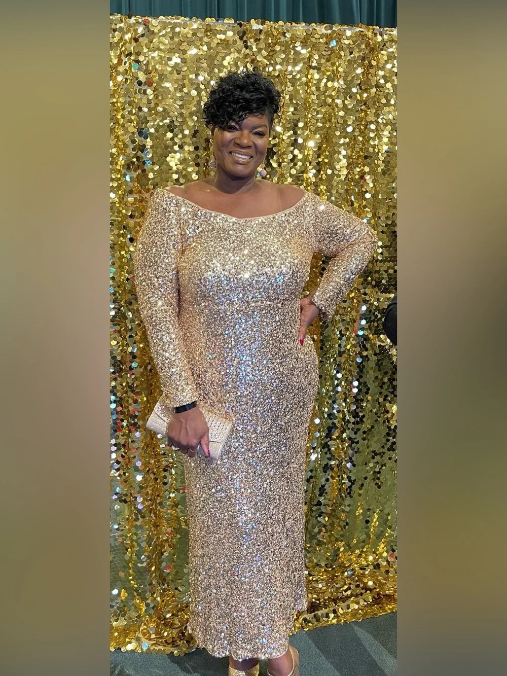ELOQUII OFF THE SHOULDER SEQUIN COLUMN DRESS IN GOLD - Picture 8 of 12